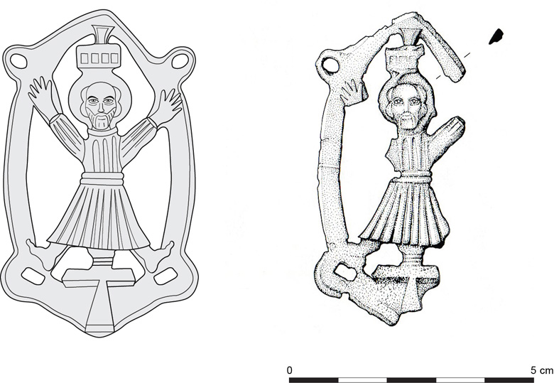 Pilgrim badge of St Andrew, with the reconstruction on the left.