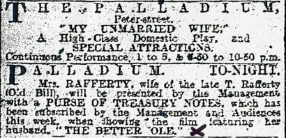 Newspaper advertisement referencing Kate Rafferty’s planned appearance at the play ‘The Better ’Ole’.